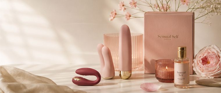 Sensual Self products arranged with soft blush packaging and flowers